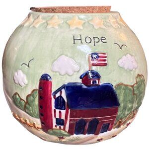 Stoneware Country HOPE Jar Patriotic American Flag Stars Grass Sky 3.75" t x 4.5